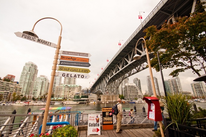 Granville Island signs under Burrard Bridge